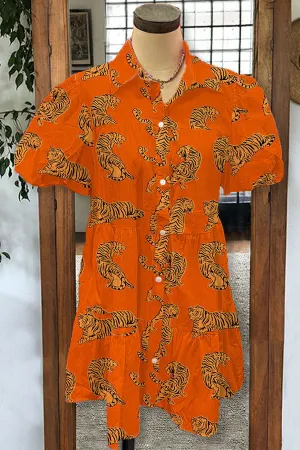 Tiger Print Pleated Ruffle Puff Sleeve Dress
