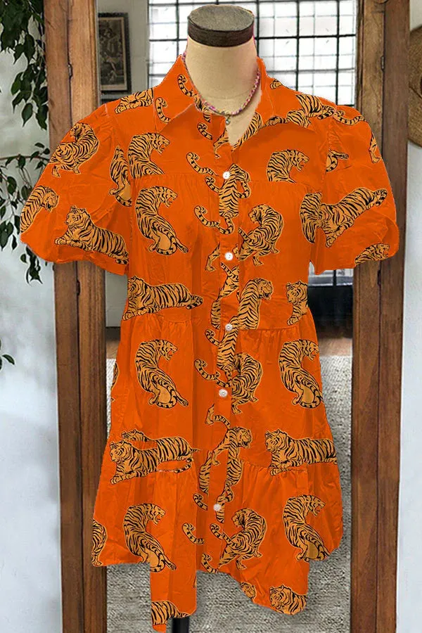 Tiger Print Pleated Ruffle Puff Sleeve Dress