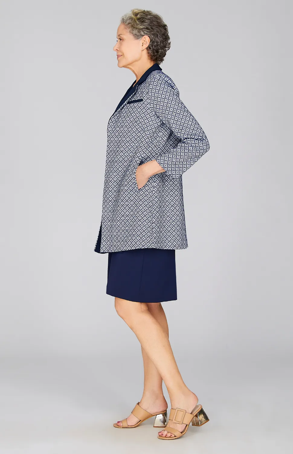 Tiled Jacquard Long Blazer w/ Contrast Trim