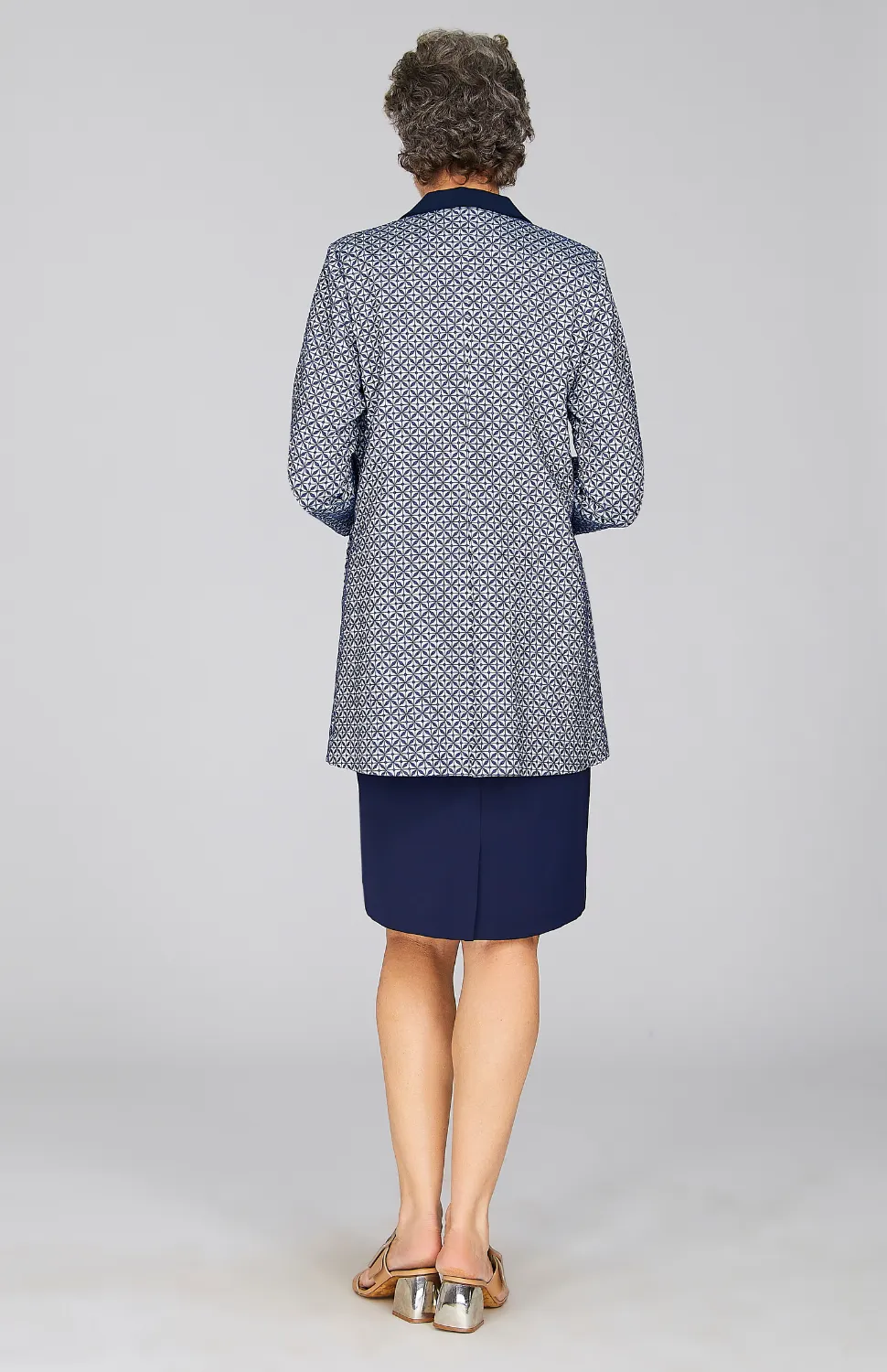 Tiled Jacquard Long Blazer w/ Contrast Trim