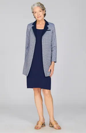 Tiled Jacquard Long Blazer w/ Contrast Trim