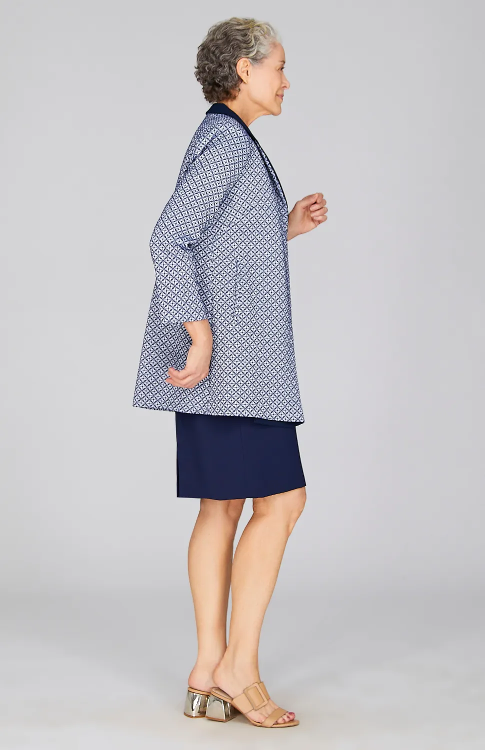 Tiled Jacquard Long Blazer w/ Contrast Trim