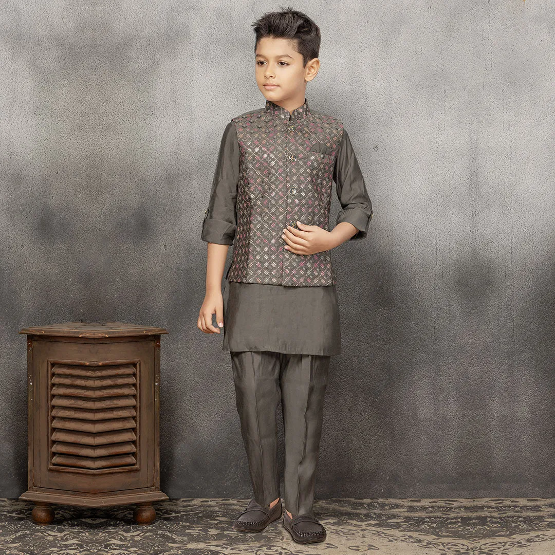 Timeless Metallic Embellished Bandi Jacket Kurta Set for Boys