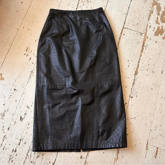 'toffs Black Leather Crocodile Imprint Midi Pencil Skirt