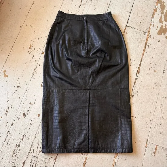 'toffs Black Leather Crocodile Imprint Midi Pencil Skirt