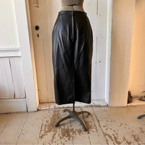 'toffs Black Leather Crocodile Imprint Midi Pencil Skirt