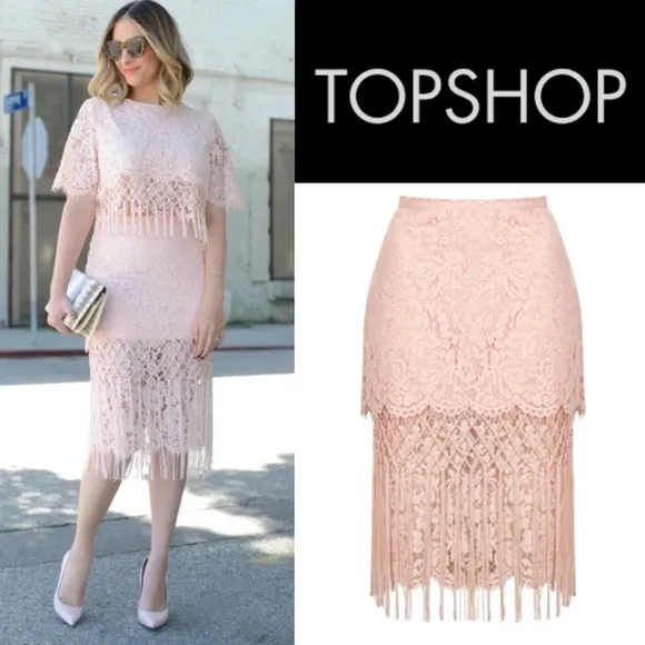 TOPSHOP LACE BLUSH PINK TIERED FRINGED MIDI PENCIL SKIRT
