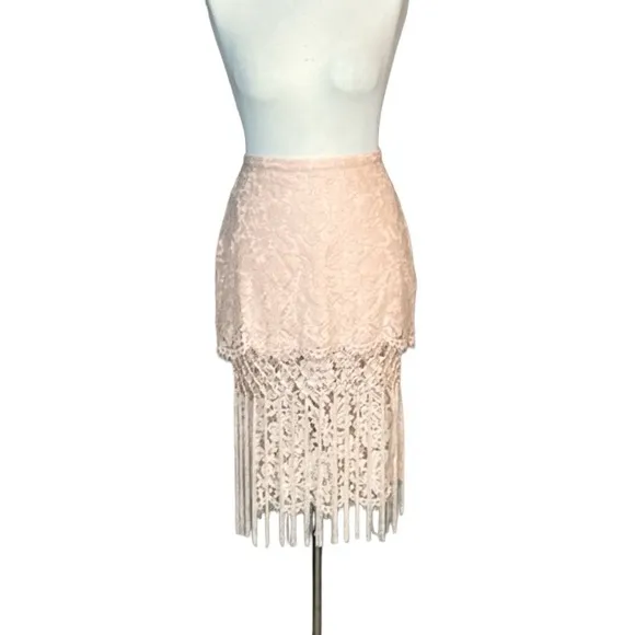 TOPSHOP LACE BLUSH PINK TIERED FRINGED MIDI PENCIL SKIRT