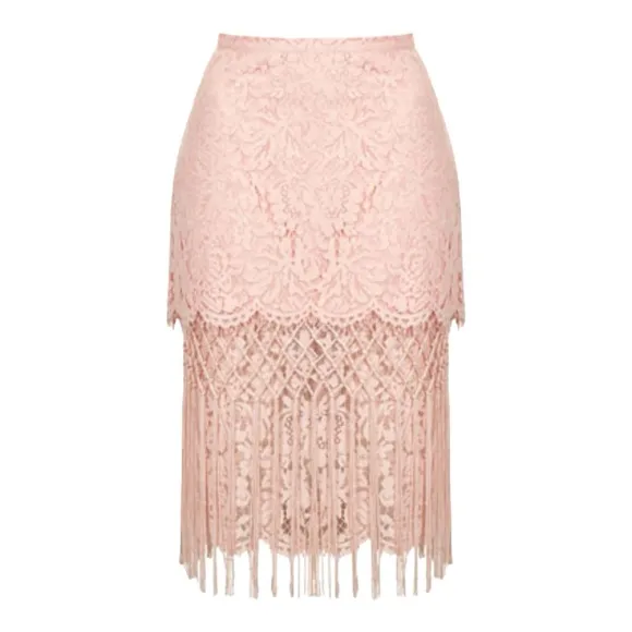 TOPSHOP LACE BLUSH PINK TIERED FRINGED MIDI PENCIL SKIRT