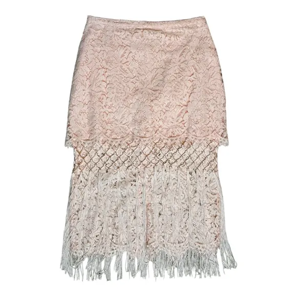 TOPSHOP LACE BLUSH PINK TIERED FRINGED MIDI PENCIL SKIRT