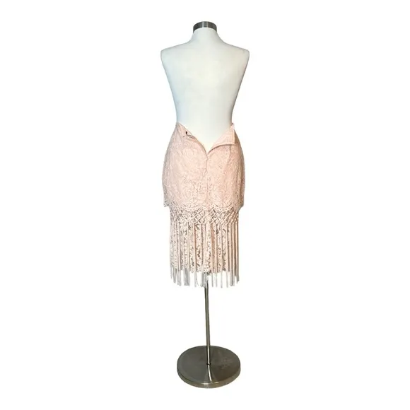 TOPSHOP LACE BLUSH PINK TIERED FRINGED MIDI PENCIL SKIRT
