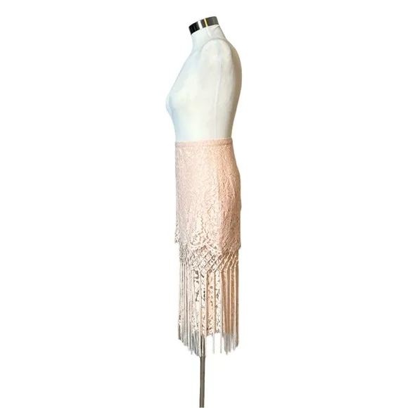 TOPSHOP LACE BLUSH PINK TIERED FRINGED MIDI PENCIL SKIRT