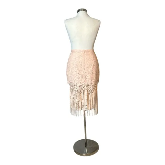 TOPSHOP LACE BLUSH PINK TIERED FRINGED MIDI PENCIL SKIRT