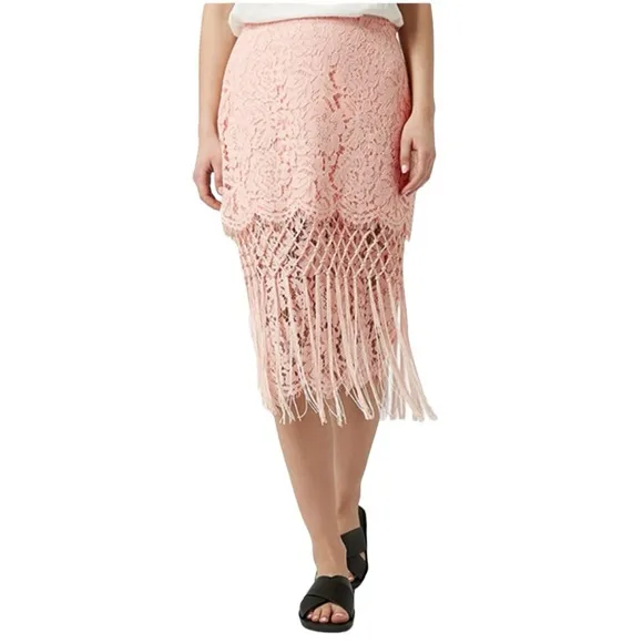 TOPSHOP LACE BLUSH PINK TIERED FRINGED MIDI PENCIL SKIRT