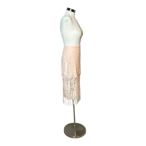 TOPSHOP LACE BLUSH PINK TIERED FRINGED MIDI PENCIL SKIRT