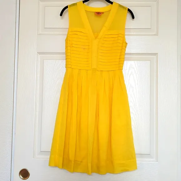 Tory Burch Isobel V Neck Cotton Silk Summer Sun Dress Limoncello Yellow