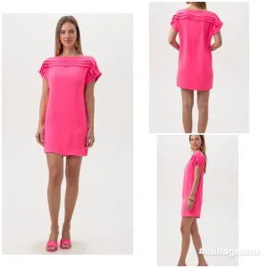 Trina Turk Adita Barbie Hot Pink Pleated Ruffle Crew Neck Shift Dress Size 10