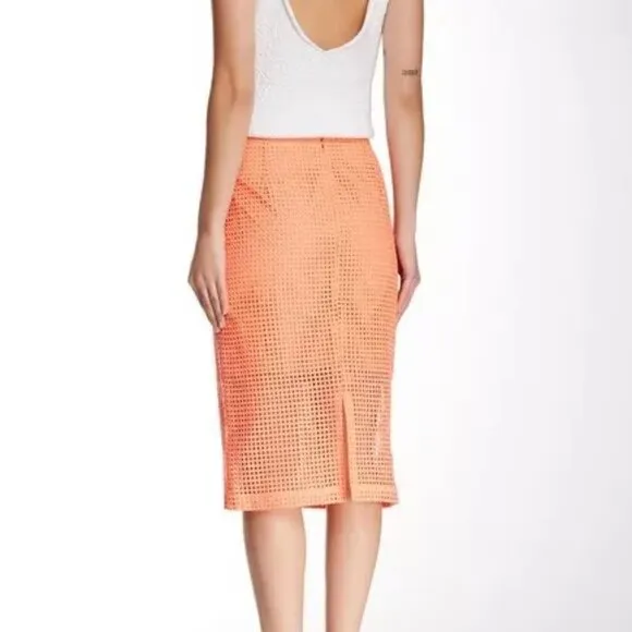Trina Turk Orange Peach Coral Lined Eyelet Pointelle Cotton Pencil Midi Skirt 10