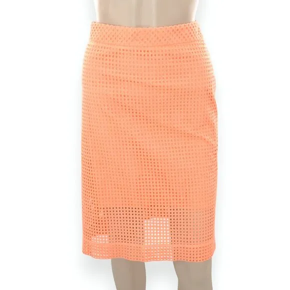 Trina Turk Orange Peach Coral Lined Eyelet Pointelle Cotton Pencil Midi Skirt 10