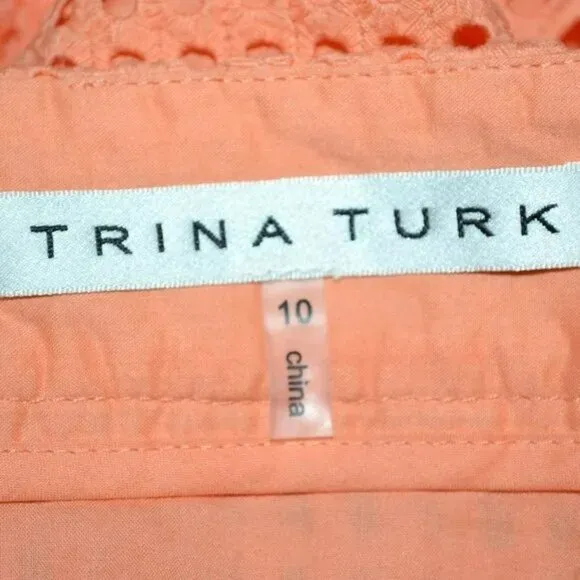 Trina Turk Orange Peach Coral Lined Eyelet Pointelle Cotton Pencil Midi Skirt 10