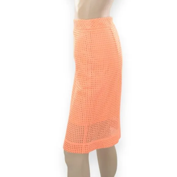 Trina Turk Orange Peach Coral Lined Eyelet Pointelle Cotton Pencil Midi Skirt 10