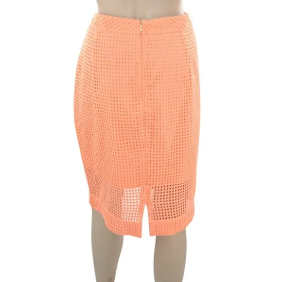 Trina Turk Orange Peach Coral Lined Eyelet Pointelle Cotton Pencil Midi Skirt 10