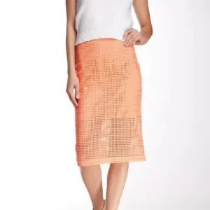 Trina Turk Orange Peach Coral Lined Eyelet Pointelle Cotton Pencil Midi Skirt 10