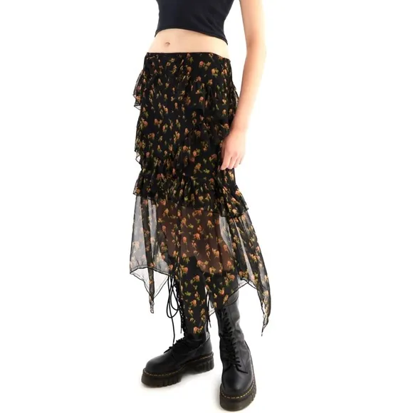 UO Tuli Ruffle Midi Skirt