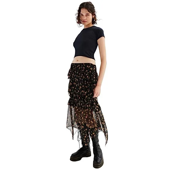 UO Tuli Ruffle Midi Skirt