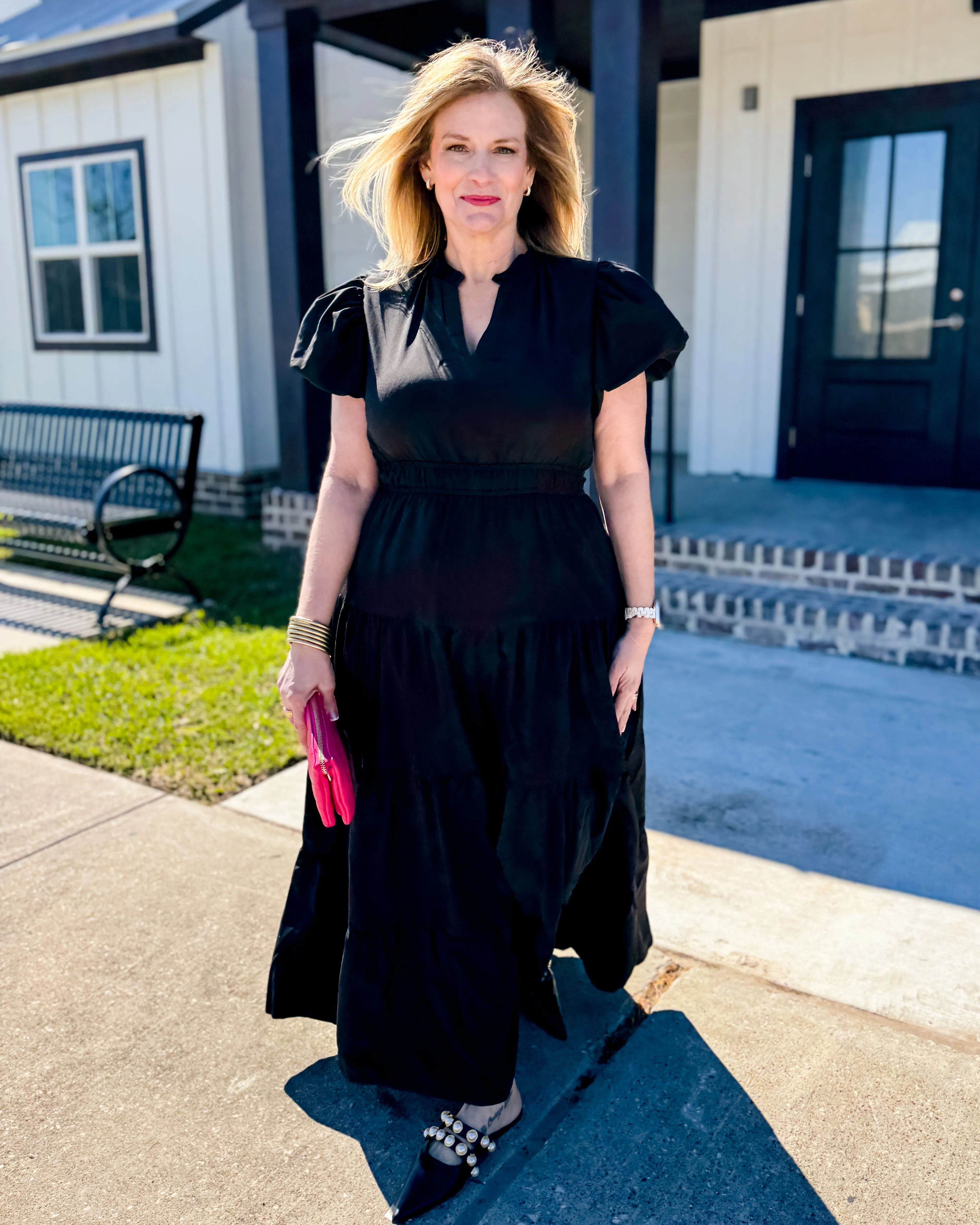 V-neck Bubble Sleeve Tiered Midi Dress in Black