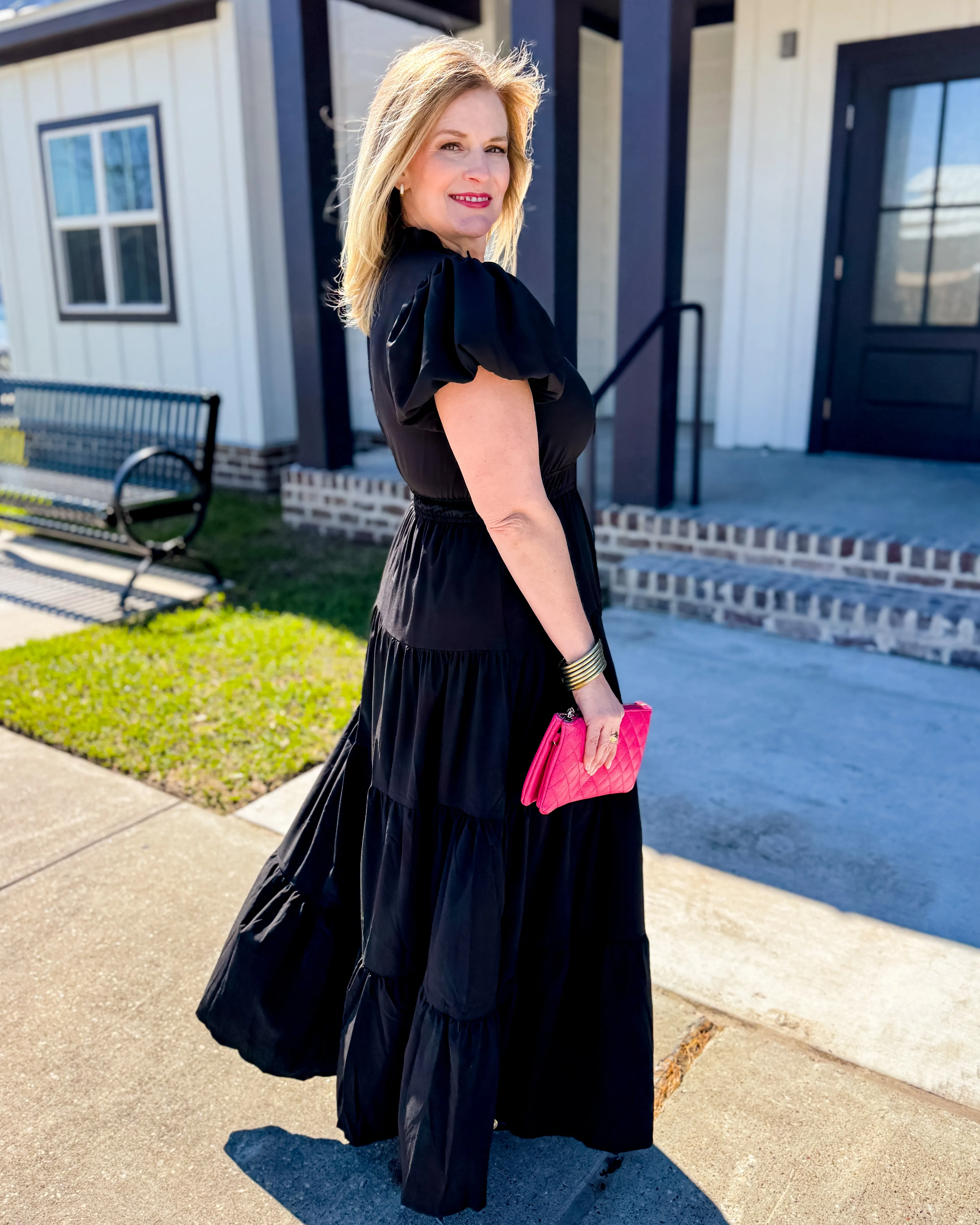 V-neck Bubble Sleeve Tiered Midi Dress in Black