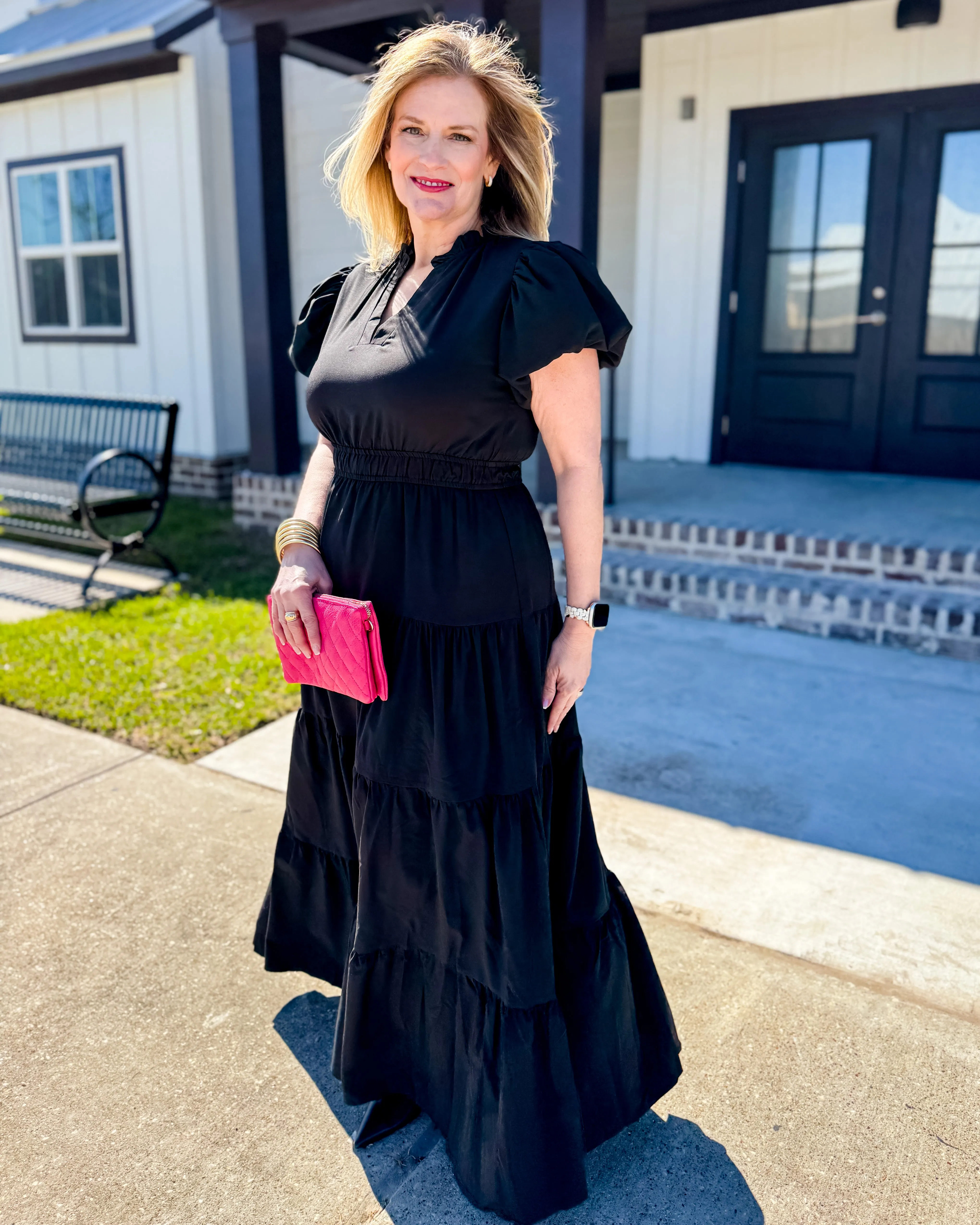 V-neck Bubble Sleeve Tiered Midi Dress in Black