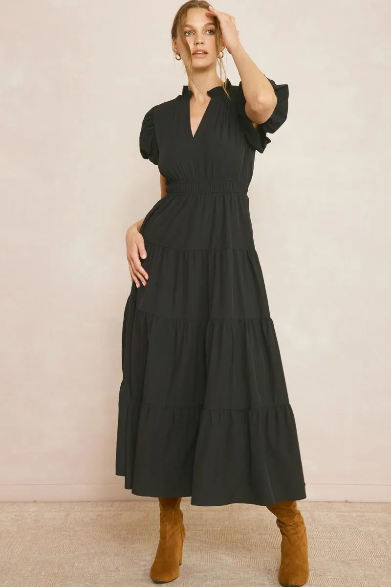 V-neck Bubble Sleeve Tiered Midi Dress in Black