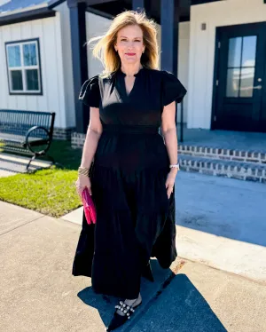V-neck Bubble Sleeve Tiered Midi Dress in Black