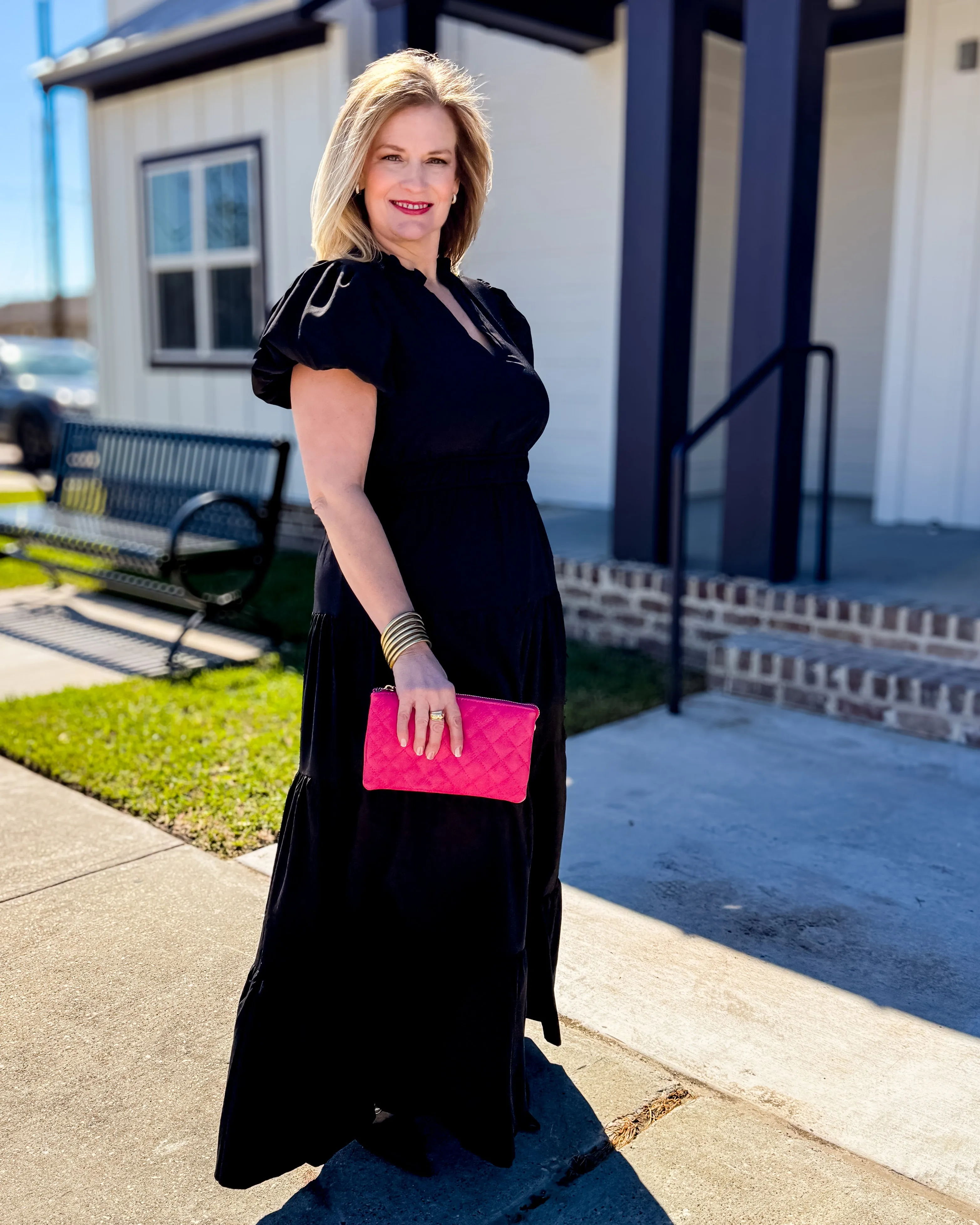 V-neck Bubble Sleeve Tiered Midi Dress in Black