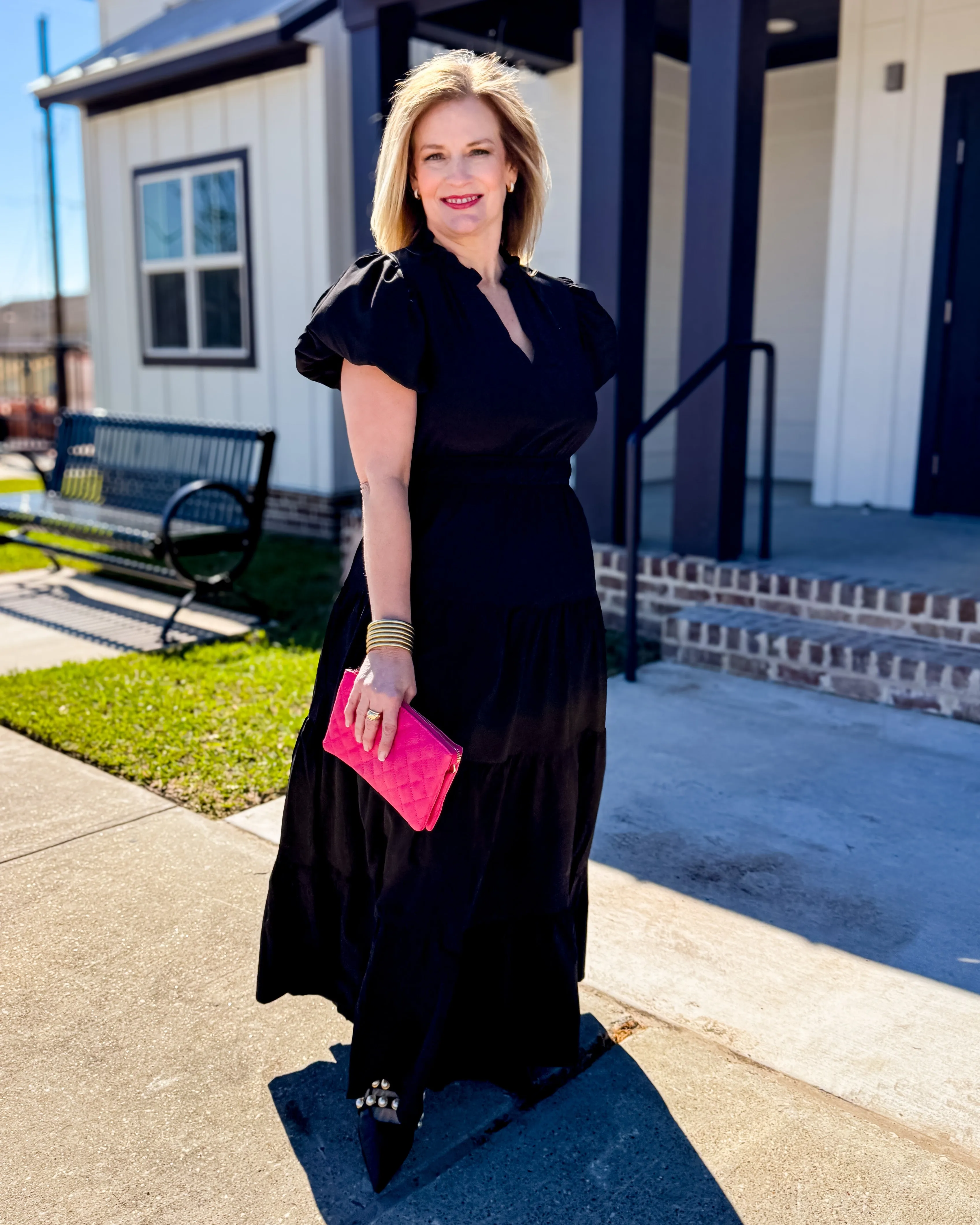 V-neck Bubble Sleeve Tiered Midi Dress in Black