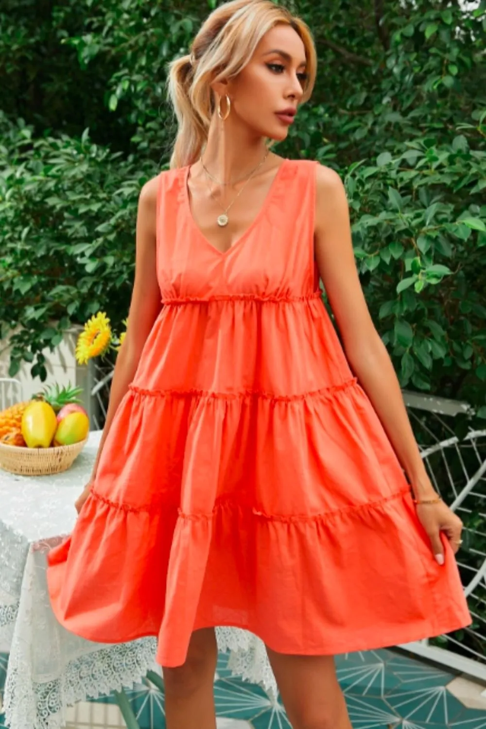 V Neck Zipper Back Ruffle Hem Smock Dress