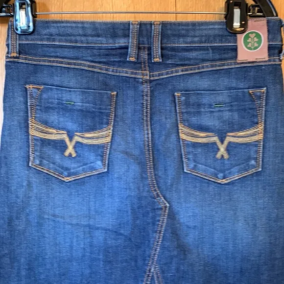 Velvet Heart 27 fringe hem stretch blue Jean denim 5 pocket 24.5” zip skirt EUC
