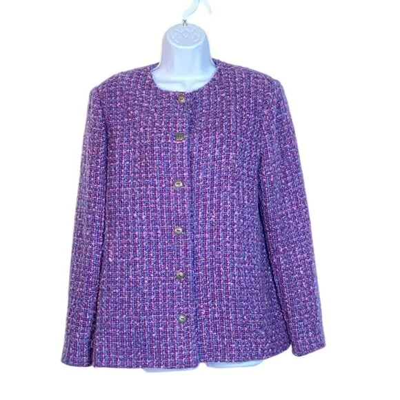 Vintage Alfred Dunner Purple Boucle Tweed Button-Up Jacket Size 14 Retro Style W