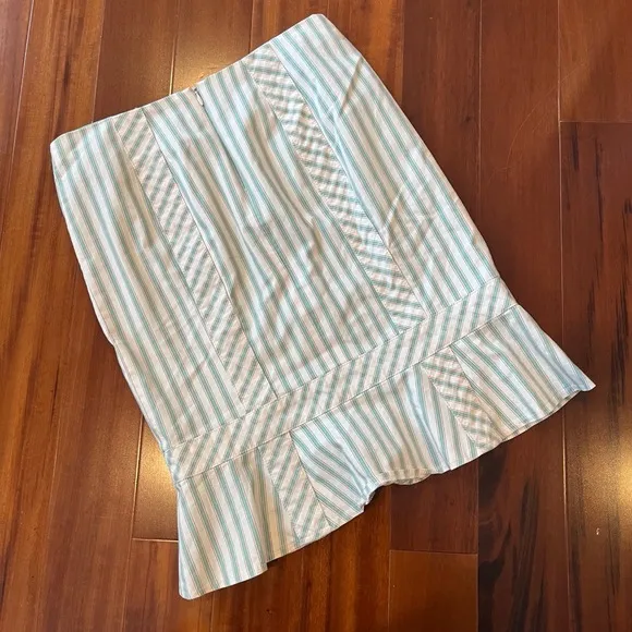 Vintage Nanette Lepore Skirt Pencil Ruffle Mint Green Asymmetrical Stripes Sz 0