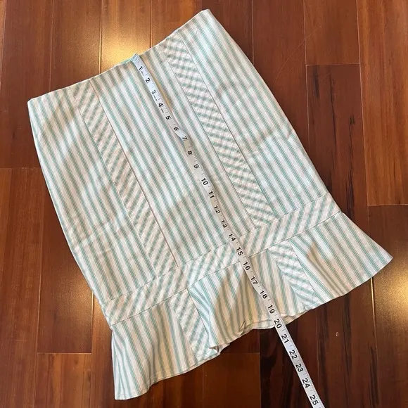 Vintage Nanette Lepore Skirt Pencil Ruffle Mint Green Asymmetrical Stripes Sz 0