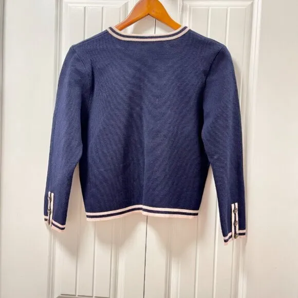 Vintage Preppy Contrast Knit Cardigan Jacket Navy Pink - M