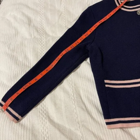Vintage Preppy Contrast Knit Cardigan Jacket Navy Pink - M