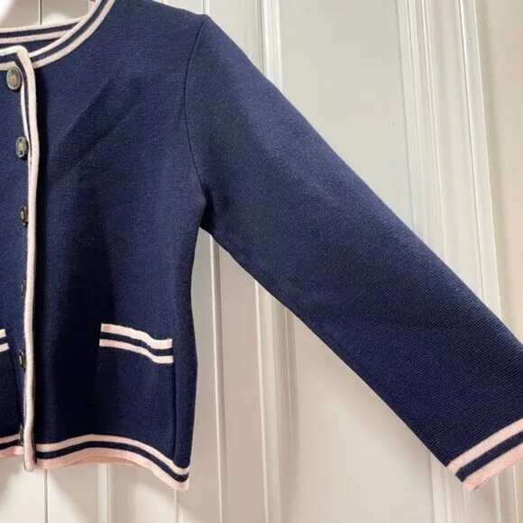 Vintage Preppy Contrast Knit Cardigan Jacket Navy Pink - M
