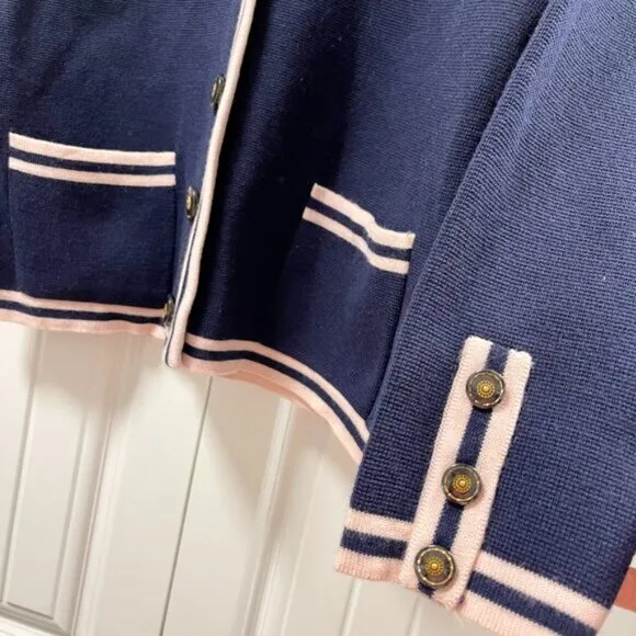 Vintage Preppy Contrast Knit Cardigan Jacket Navy Pink - M