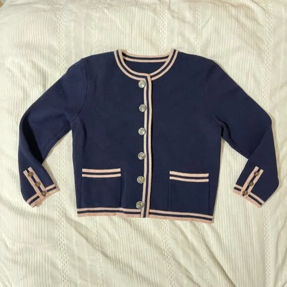 Vintage Preppy Contrast Knit Cardigan Jacket Navy Pink - M