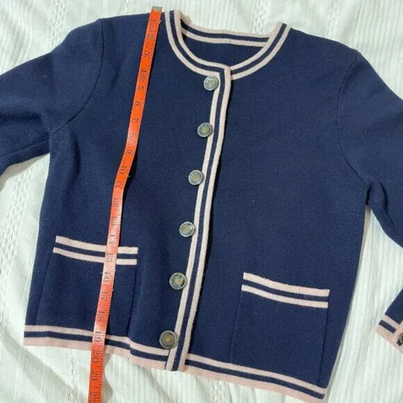 Vintage Preppy Contrast Knit Cardigan Jacket Navy Pink - M