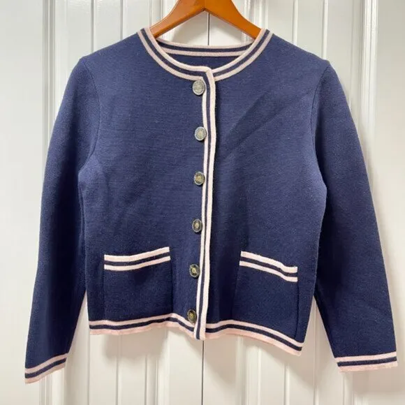 Vintage Preppy Contrast Knit Cardigan Jacket Navy Pink - M