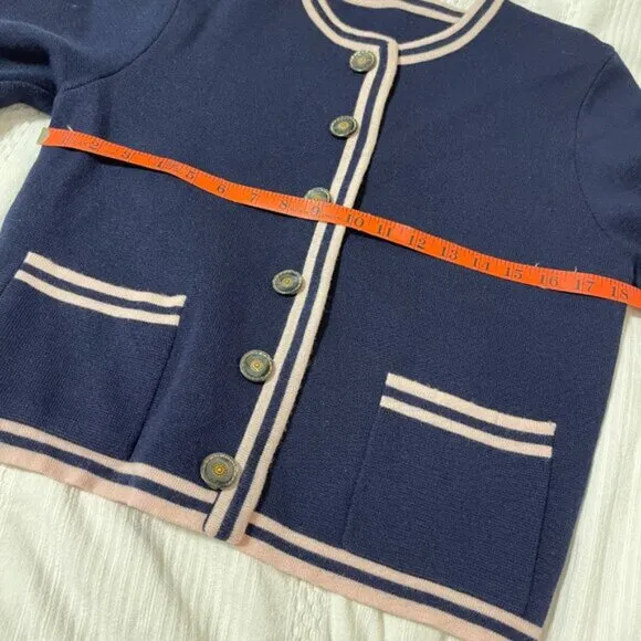 Vintage Preppy Contrast Knit Cardigan Jacket Navy Pink - M