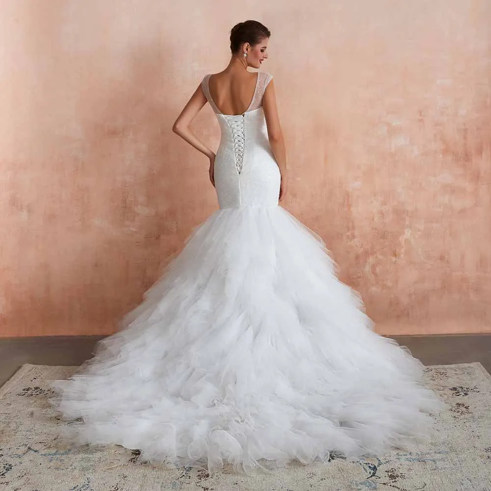 Vintage Sequins Lace Wedding Dress with Ruffle Skirt EN3412